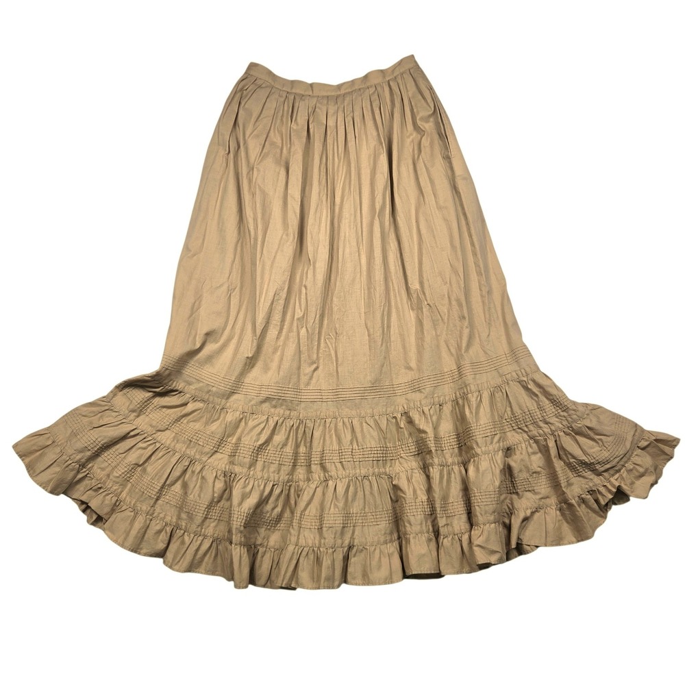 Vintage Y2K Lauren Ralph Lauren Maxi Skirt 4 Tan Button Tiered Ruffle Cotton